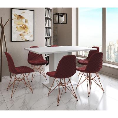 Mesa Jantar Londres Retangular Branca 137X90 6 Cadeiras Estofadas Vermelho Base Cobre