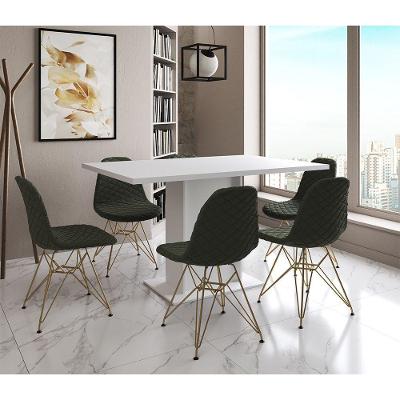 Mesa Jantar Londres Retangular Branca 137X90 6 Cadeiras Estofadas Verde Base Dourado