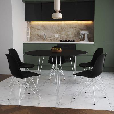 Mesa Jantar Redonda 110Cm Preta Clips 3 Pés Com 5 Cadeiras Eames Eiffel Pretas Ferro Branco