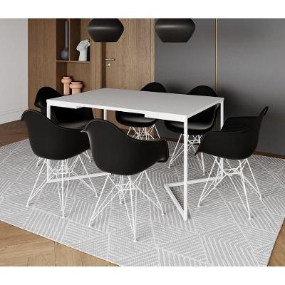 Mesa Industrial Jantar Branca 137X90Cm Base V Com 6 Poltronas Pretas Ferro Branco Marrom