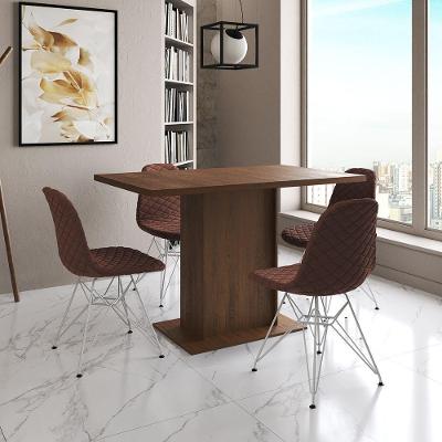 Mesa Jantar Londres Tampo Amêndoa 120Cm 4 Cadeiras Ferro Branco Estofado Caramelo