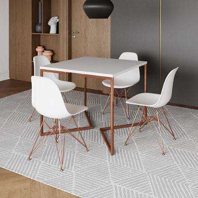 Mesa Jantar Industrial Quadrada 90Cm Branca Base Cobre V Com 4 Cadeiras Brancas Eames Eiffel Pés Cob