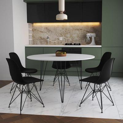 Mesa Jantar Redonda 110Cm Branca Clips 3 Pés Com 5 Cadeiras Eames Eiffel Pretas Ferro Preto