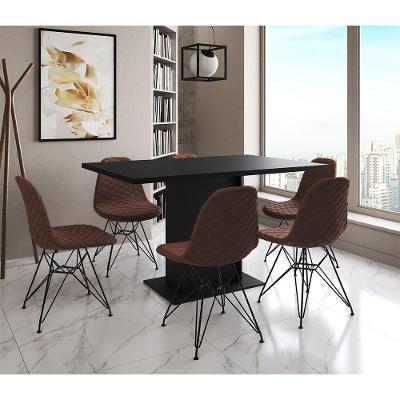 Mesa Jantar Londres Retangular Preta 137X90Cm 6 Cadeiras Estofadas Caramelo Ferro Preto