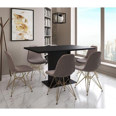 Mesa Jantar Londres Retangular Preta 137X90Cm 6 Cadeiras Estofadas Nude Médio Base Dourado