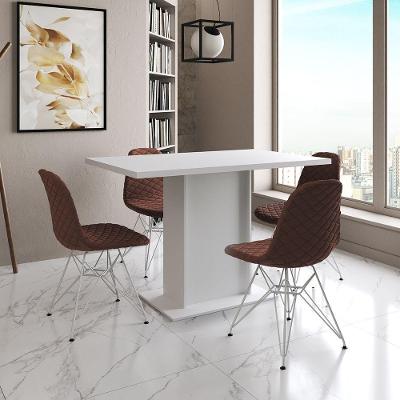 Mesa Jantar Londres Tampo Branco 120Cm 4 Cadeiras Ferro Branco Estofado Caramelo