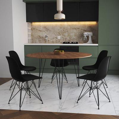 Mesa Jantar Redonda 110Cm Amêndoa Clips 3 Pés Com 5 Cadeiras Eames Eiffel Pretas Ferro Preto