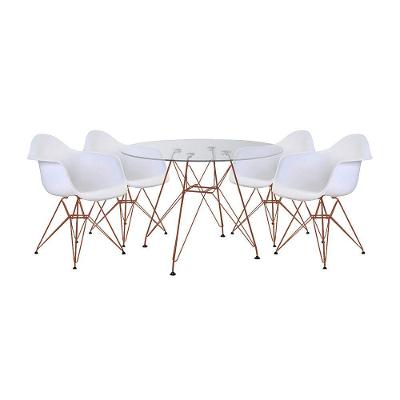 Conjunto Jantar Mesa Redonda Vidro 90Cm Com 4 Poltronas Brancas Ferro Cobre Branco