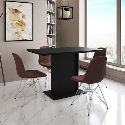 Mesa Jantar Londres Tampo Preto 120Cm 4 Cadeiras Ferro Branco Estofado Caramelo