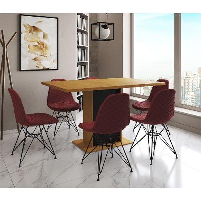 Mesa Jantar Londres Retangular Canela 137X90 Base Preta 6 Cadeiras Estofadas Vermelho Ferro Preto