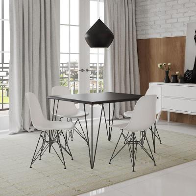 Mesa Sala De Jantar Industrial Quadrada Preta 90 Com 4 Cadeiras Brancas De Ferro Preto