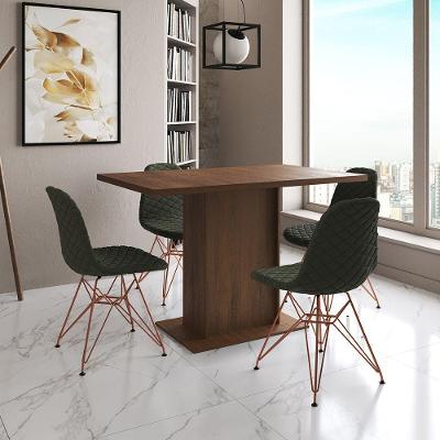 Mesa Jantar Londres Tampo Amêndoa 120Cm 4 Cadeiras Base Cobre Estofado Verde