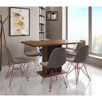 Mesa Jantar Londres Retangular Amêndoa 137X90 Base Preta 6 Cadeiras Estofadas Nude Médio Base Cobre