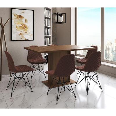 Mesa Jantar Londres Retangular Amêndoa 137X90Cm 6 Cadeiras Estofadas Caramelo Ferro Preto