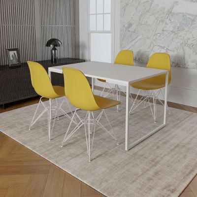 Mesa Industrial Base Ferro Branco 137X90 Tampo Branco 4 Cadeiras Eiffel Ferro Branco Assento Amarelo