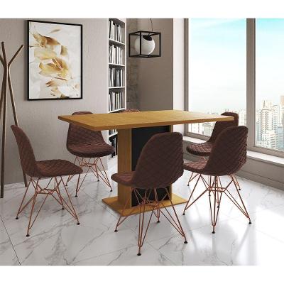 Mesa Jantar Londres Retangular Canela 137X90 Base Preta 6 Cadeiras Estofadas Caramelo Base Cobre