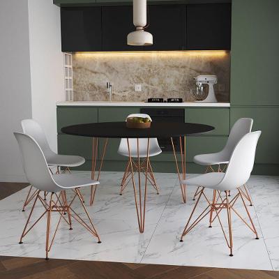 Mesa Jantar Redonda 110Cm Preta Clips 3 Pés Com 5 Cadeiras Eames Eiffel Brancas Base Cobre