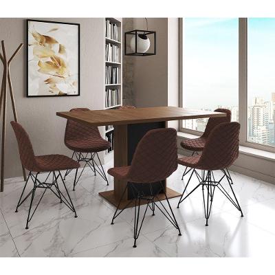 Mesa Jantar Londres Retangular Amêndoa 137X90 Base Preta 6 Cadeiras Estofadas Caramelo Ferro Preto