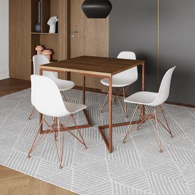 Mesa Jantar Industrial Quadrada 90Cm Amêndoa Base Cobre V Com 4 Cadeiras Brancas Eames Eiffel Pés Co