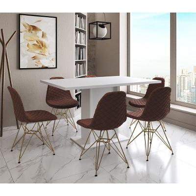 Mesa Jantar Londres Retangular Branca 137X90 6 Cadeiras Estofadas Caramelo Base Dourado