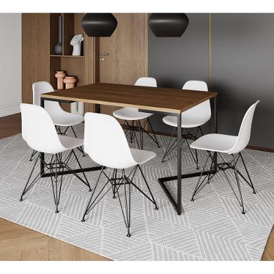 Mesa Industrial Jantar Retangular 137X90Cm Amêndoa Base V Com 6 Cadeiras Eames Eiffel Brancas Ferro
