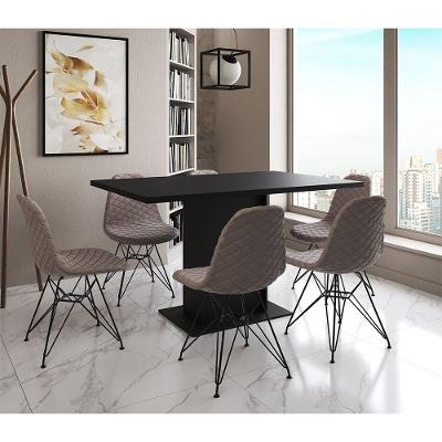 Mesa Jantar Londres Retangular Preta 137X90Cm 6 Cadeiras Estofadas Nude Médio Ferro Preto