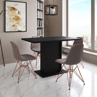 Mesa Jantar Londres Tampo Preto 120Cm 4 Cadeiras Base Cobre Estofado Nude Médio