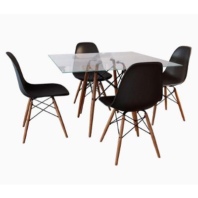 Conjunto Sala De Jantar Mesa Eames Eiffel Quadrada Vidro 90Cm 4 Cadeiras Pretas