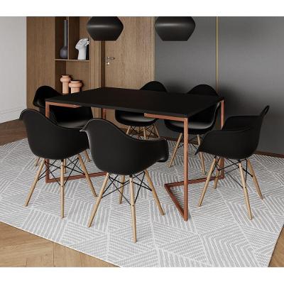 Mesa Industrial Retangular Jantar 137X90Cm Preta Base Cobre V Com 6 Poltronas Pretas Ma Marrom