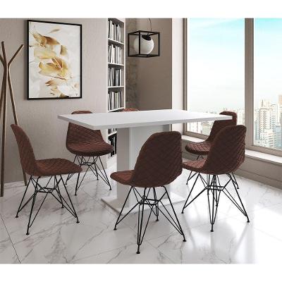 Mesa Jantar Londres Retangular Branca 137X90 6 Cadeiras Estofadas Caramelo Ferro Preto