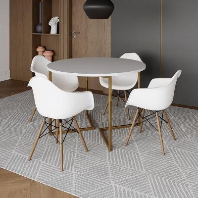 Mesa Jantar Industrial Redonda 110Cm Branca Base V Dourada Com 4 Poltronas Daw Madeira Branco