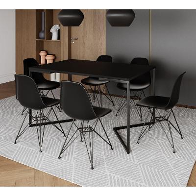 Mesa Industrial Jantar Retangular 137X90Cm Preta Base V Com 6 Cadeiras Eames Eiffel Pretas Ferro