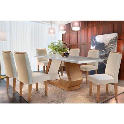 Kit Mesa Tampo Vidro 180cm Canto Reto + 6 Cadeiras Lunara Imbuia Creme