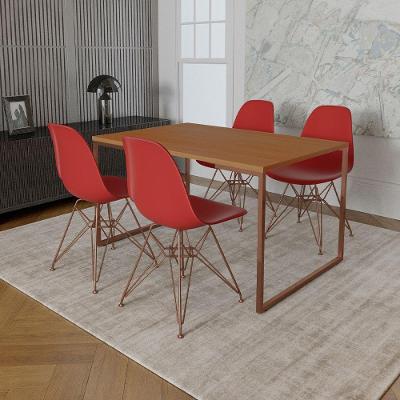 Mesa Industrial Base Ferro Cobre Tampo 137X90 Canela 4 Cadeiras Ferro Cobre Assento Vermelho