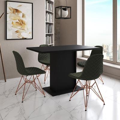 Mesa Jantar Londres Tampo Preto 120Cm 4 Cadeiras Base Cobre Estofado Verde