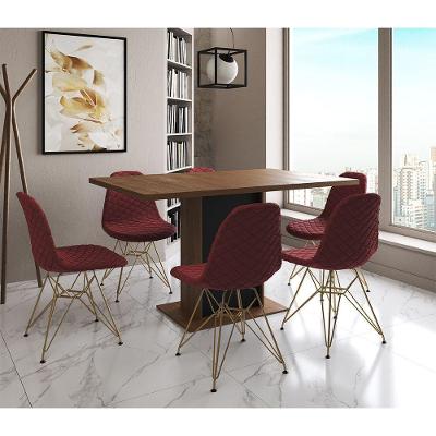 Mesa Jantar Londres Retangular Amêndoa 137X90 Base Preta 6 Cadeiras Estofadas Vermelho Base Dourado