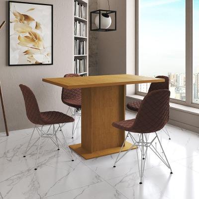 Mesa Jantar Londres Tampo Canela 120Cm 4 Cadeiras Ferro Branco Estofado Caramelo