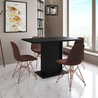 Mesa Jantar Londres Tampo Preto 120Cm 4 Cadeiras Base Cobre Estofado Caramelo