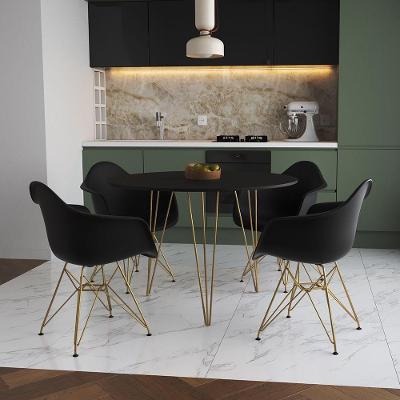 Mesa Jantar Redonda 110Cm Preta Clips 3 Pés Com 4 Poltronas Pretas Base Dourada Preto