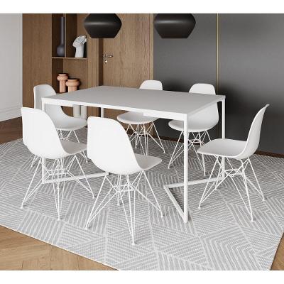 Mesa Industrial Jantar Retangular 137X90Cm Branca Base V Com 6 Cadeiras Eames Eiffel Brancas Ferro B