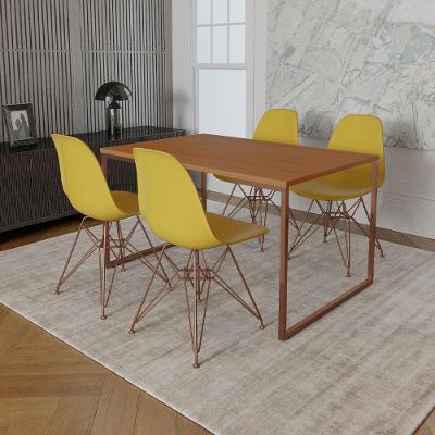 Mesa Industrial Base Ferro Cobre Tampo 137X90 Canela 4 Cadeiras Ferro Cobre Assento Amarelo