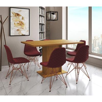 Mesa Jantar Londres Retangular Canela 137X90Cm 6 Cadeiras Estofadas Vermelho Base Cobre