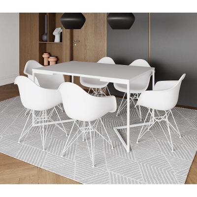 Mesa Industrial Jantar Branca 137X90Cm Base V Com 6 Poltronas Brancas Ferro Branco Marrom