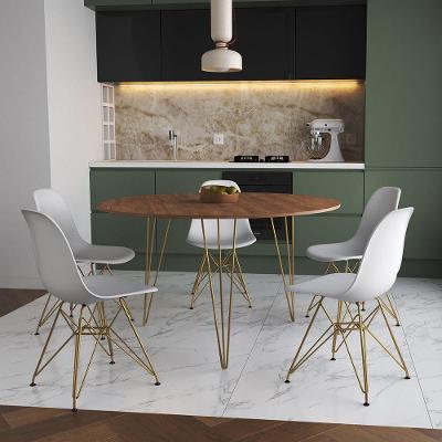 Mesa Jantar Redonda 110Cm Amêndoa Clips 3 Pés Com 5 Cadeiras Eames Eiffel Brancas Base Dourada