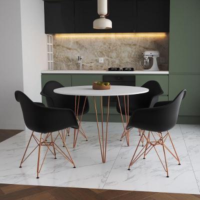 Mesa Jantar Redonda 110Cm Branca Clips 3 Pés Com 4 Poltronas Pretas Base Cobre Branco