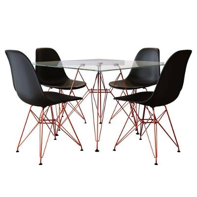 Mesa De Jantar Eames Eiffel Quadrada Vidro 90Cm Com 4 Cadeiras Pretas Base Ferro Cobre