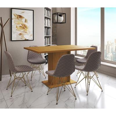 Mesa Jantar Londres Retangular Canela 137X90Cm 6 Cadeiras Estofadas Nude Médio Base Dourado