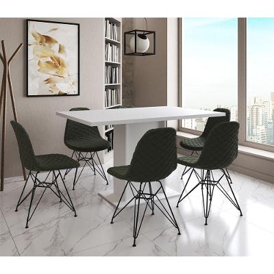 Mesa Jantar Londres Retangular Branca 137X90 6 Cadeiras Estofadas Verde Ferro Preto