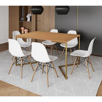 Mesa Jantar Industrial Retangular 137X90Cm Canela Base V Dourada Com 6 Cadeiras Eames Eiffel Madeira