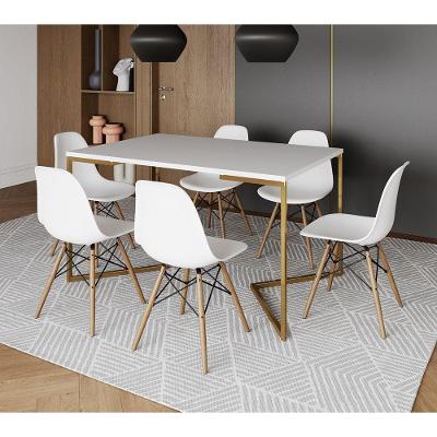 Mesa Jantar Industrial Retangular 137X90Cm Branca Base V Dourada Com 6 Cadeiras Eames Eiffel Madeira